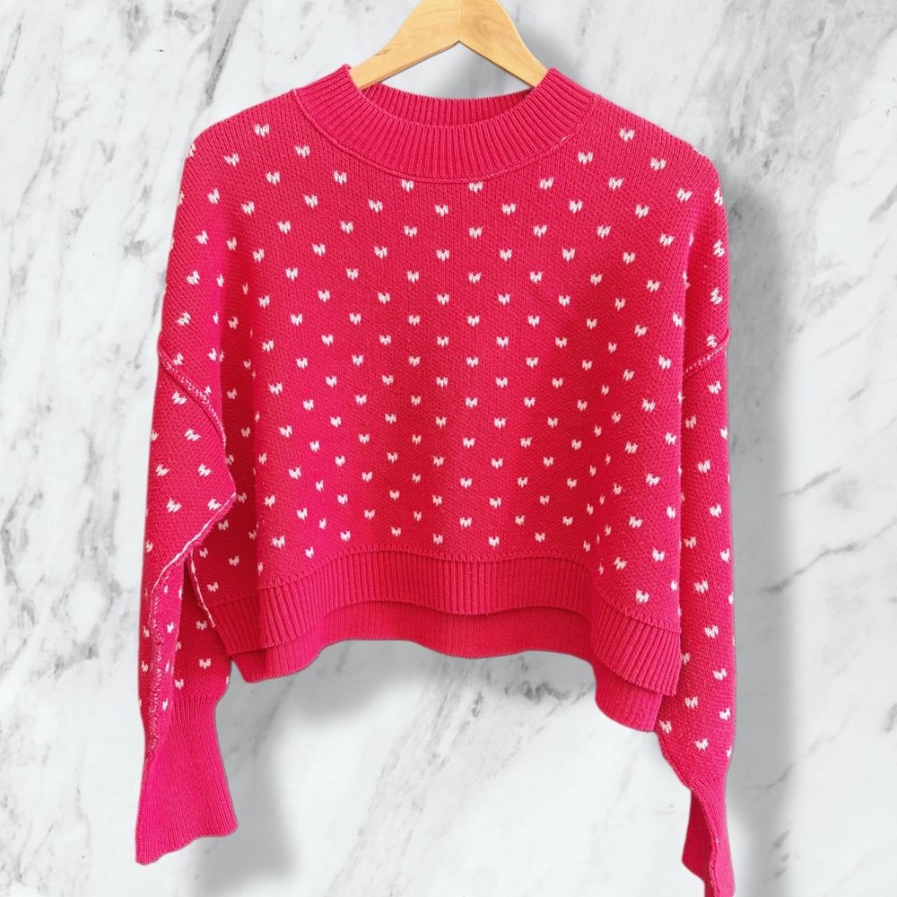 Free People Pink Cropped Heart Jacquard Sweater